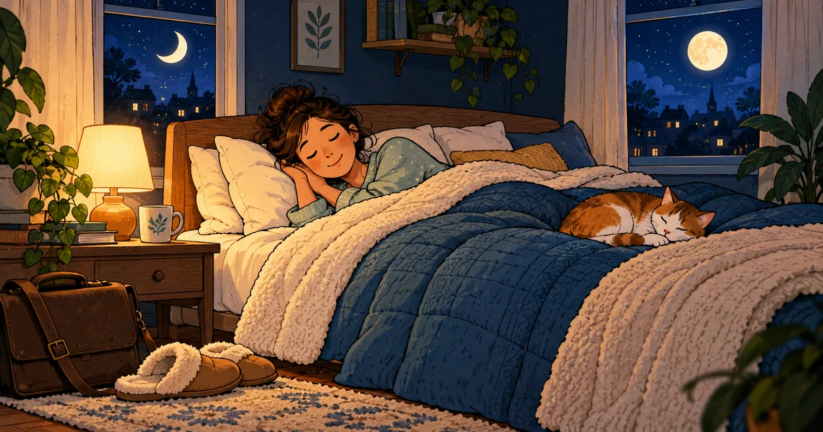 A person resting in bed with their work bag set aside after a busy week.