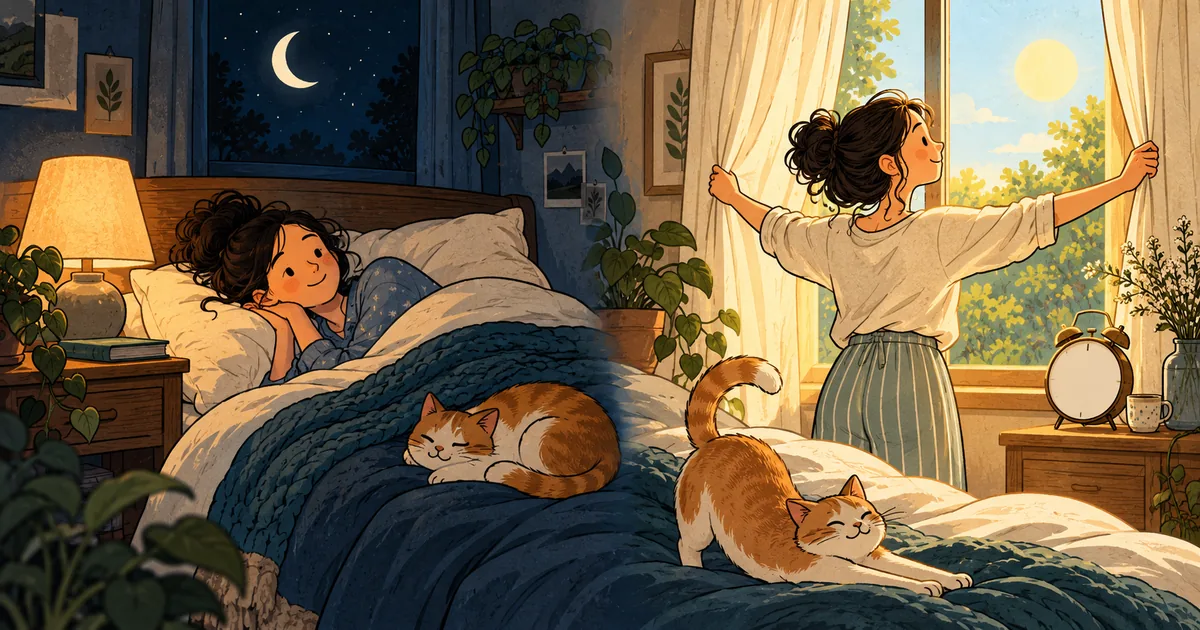The same person settling into bed at night and opening the curtains in the morning.