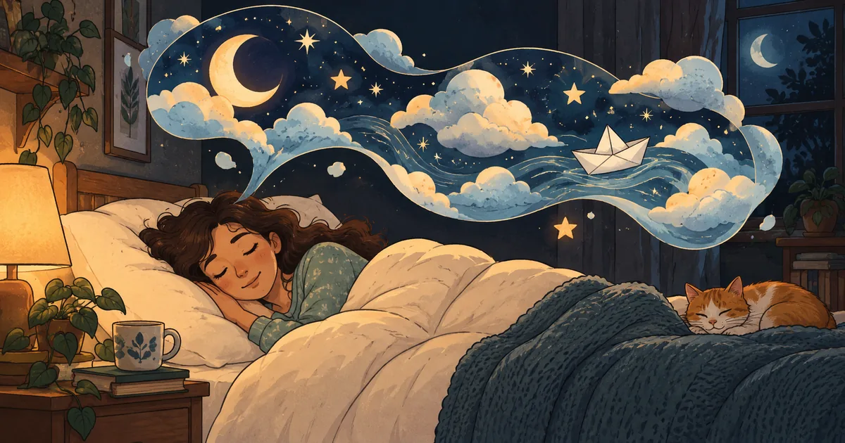 A sleeping person beneath a flowing ribbon of clouds, stars, and dream scenes.