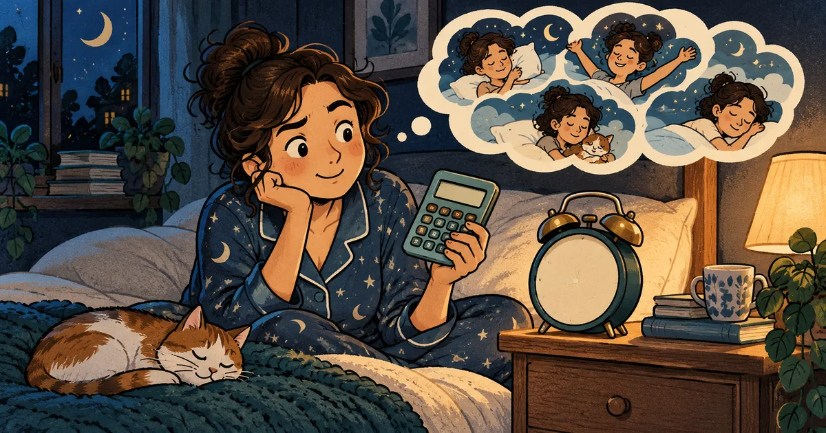 A person comparing a bedtime calculator with a bedside clock and a drifting dream bubble.