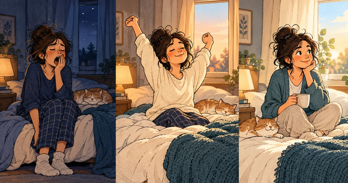 Three mornings showing a person gradually looking more rested.