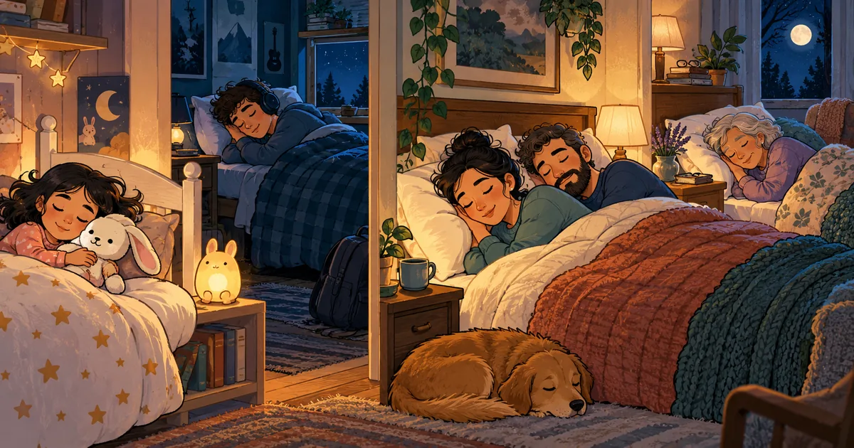 A child, teenager, adult, and older adult resting in their own cozy sleep spaces.