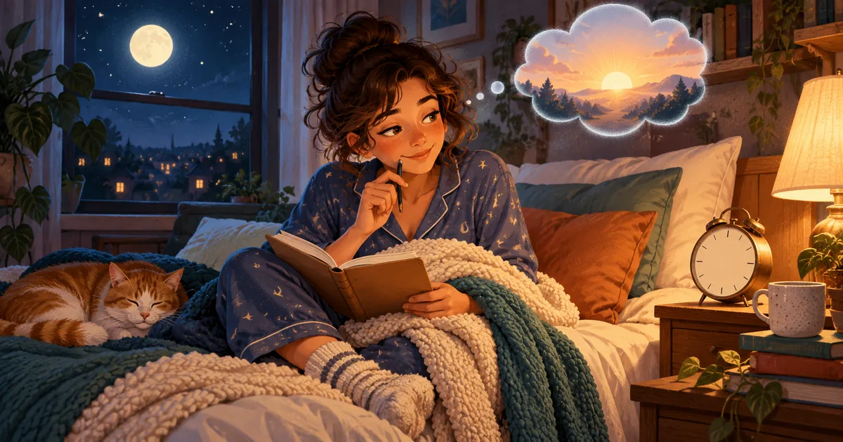 A person in pajamas planning bedtime beside a notebook and alarm clock.