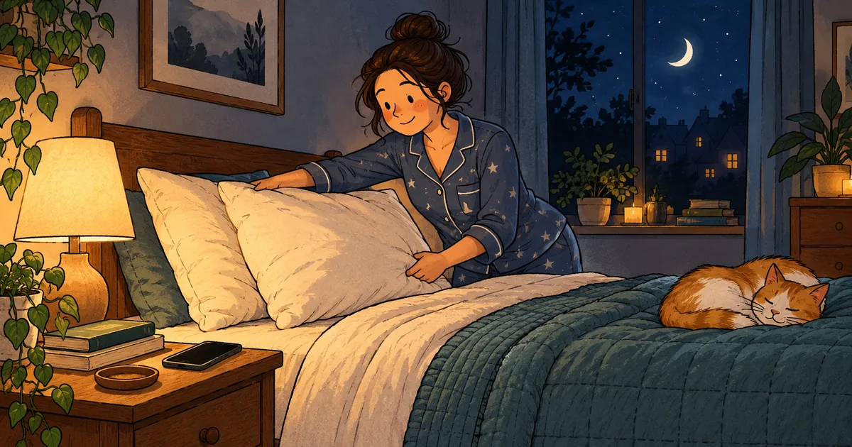 A person fluffing a pillow and preparing a comfortable evening sleep routine.
