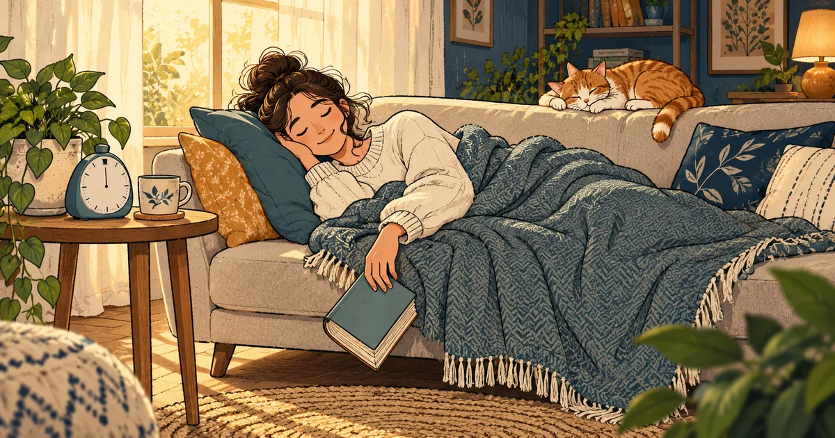 A person napping on a sofa in daylight beside a small timer.
