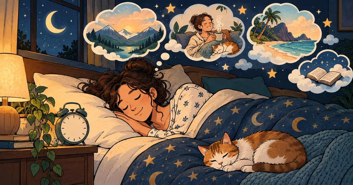 A peacefully sleeping person with dream bubbles and a quiet bedside alarm clock.
