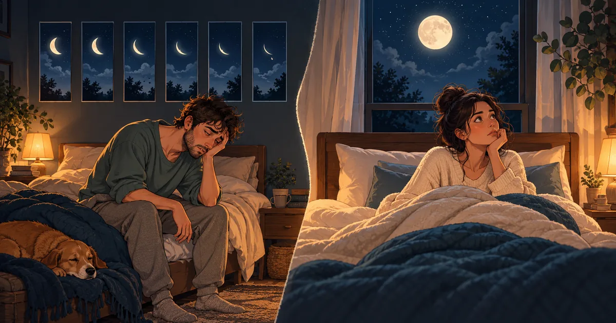 Paired scenes of tiredness after repeated short nights and a person awake through one night.