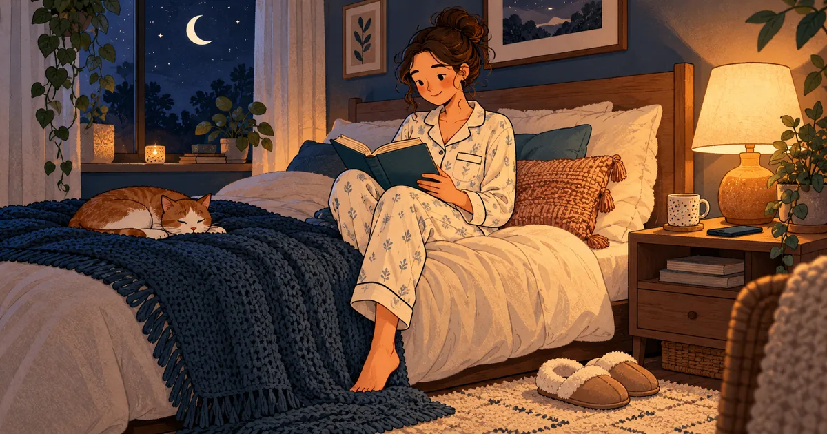 A person winding down with a book, a dim bedside lamp, and fluffy slippers.