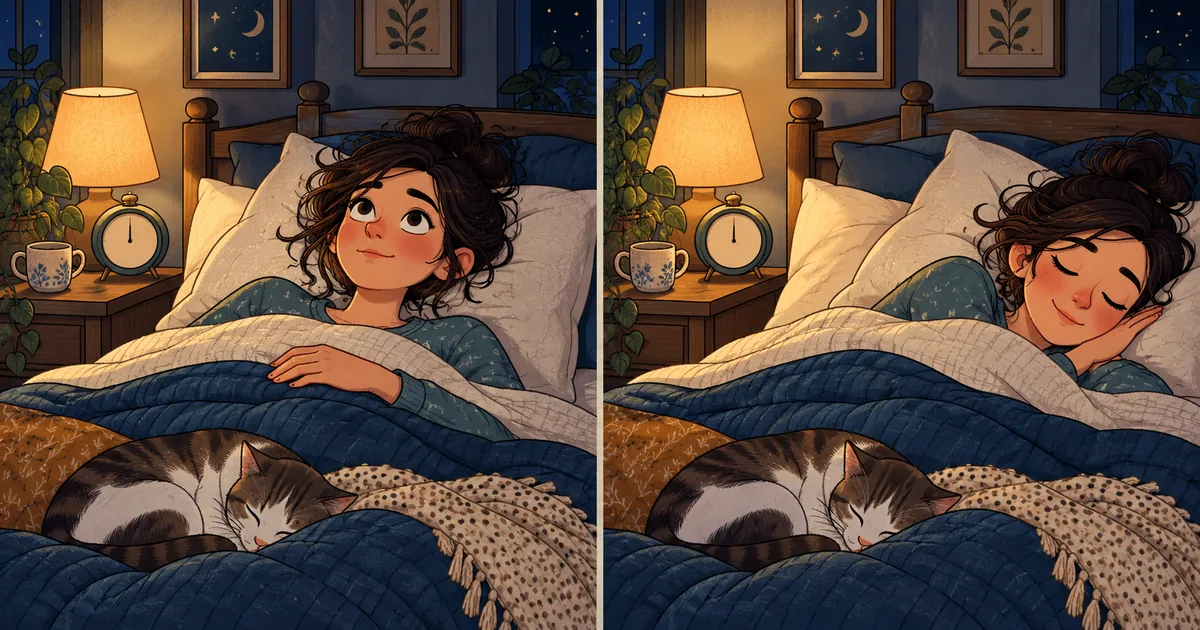 The same person lying awake in bed and sleeping peacefully under a quilt.