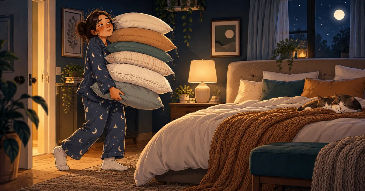 A tired person carrying a tall stack of pillows toward their bed.