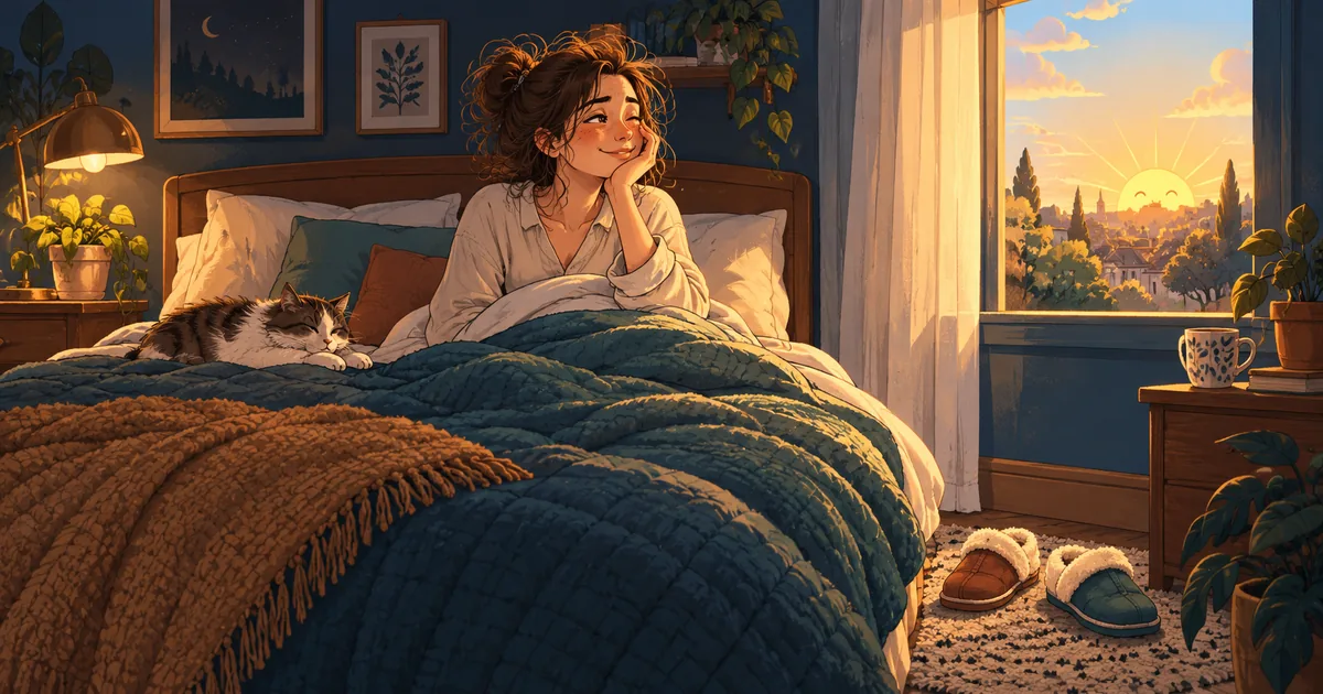 A person with messy bed hair squinting at morning sunlight from under a quilt.
